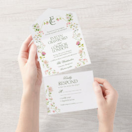 Elegante Bohemische Monogram Floral Wedding All In One Einladung
