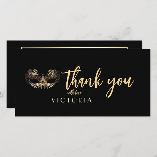Elegante Bohemische Schwarze Goldmasquerade Vielen Dankeskarte (Vorne/Hinten)