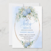 Elegante Boho Blaue Hortensien Gold-Baby-Shower Einladung (Vorderseite)