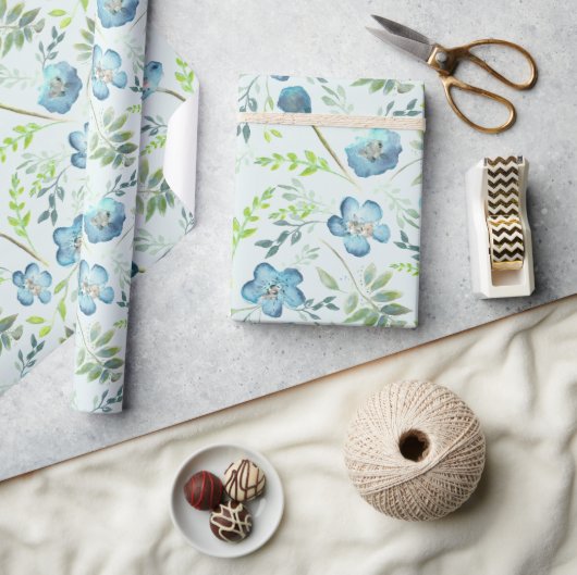 Elegante Boho Blue Green Watercolor-Blume Geschenkpapier (Kunsthandwerk)