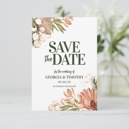 Elegante Boho-Blume Save The Date (Stehend Vorderseite)