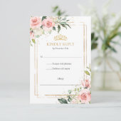 Elegante boho blush Blumengold tiara Quinceanera RSVP Karte (Stehend Vorderseite)