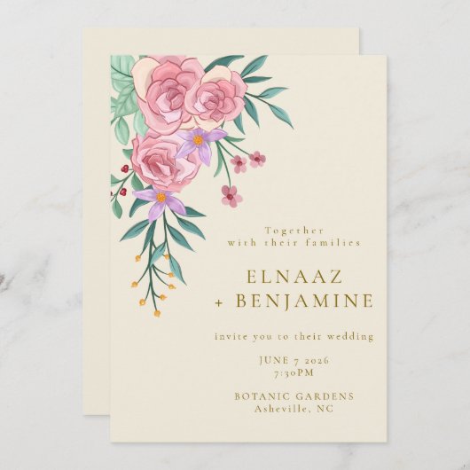 Elegante Boho Blush Pink Blumenzwiebelblume Hochze Einladung (Vorne/Hinten)