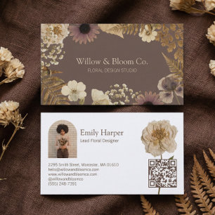 Elegante Boho Botanische Wildblumen Blumen Foto QR Visitenkarte