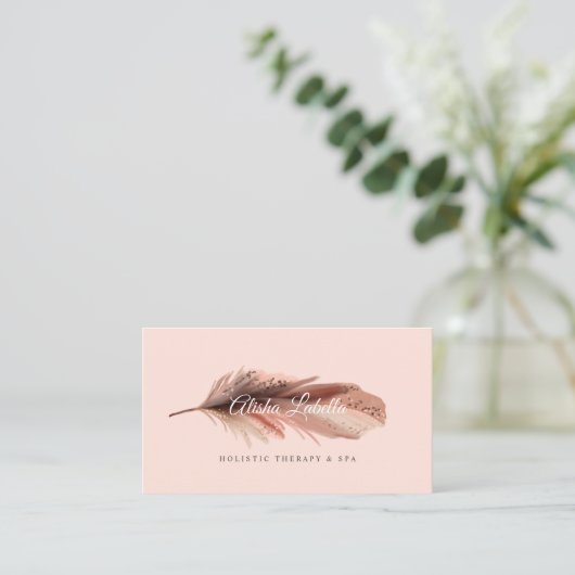 Elegante Boho Brown & Blush Pink Wasserfarbenfeder Visitenkarte (Stehend Vorderseite)
