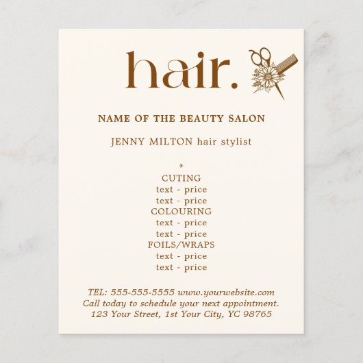 Elegante Boho Brown Golden Scissors Haar Menü (Vorne)