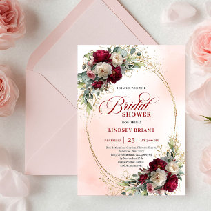 Elegante Boho-Burgund-Gold-Blumen-Brautparty Einladung