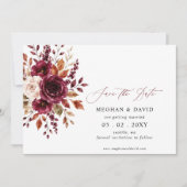 Elegante Boho-Burgunder-Herbst-Blumenfoto Save The Date (Vorderseite)