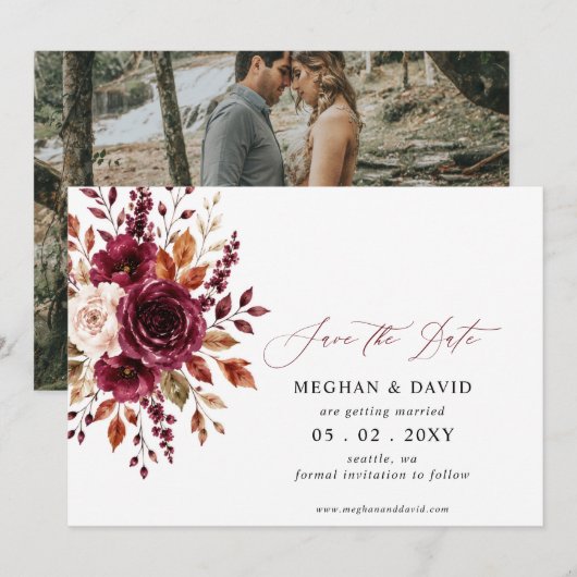 Elegante Boho-Burgunder-Herbst-Blumenfoto Save The Date (Vorne/Hinten)
