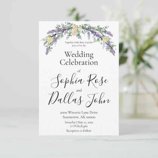 Elegante boho chic Lavender gelben Rosen Hochzeit Einladung (Stehend Vorderseite)