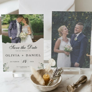 Elegante Boho Eukalyptusblätter Foto-Hochzeit Save The Date