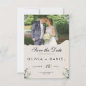 Elegante Boho Eukalyptusblätter Foto-Hochzeit Save The Date (Vorderseite)
