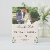 Elegante Boho Eukalyptusblätter Foto-Hochzeit Save The Date (Stehend Vorderseite)