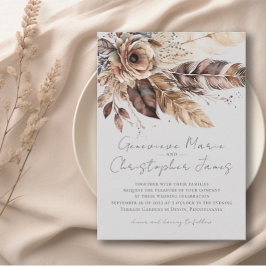 Elegante Boho Feather Floral Watercolor Hochzeit Einladung