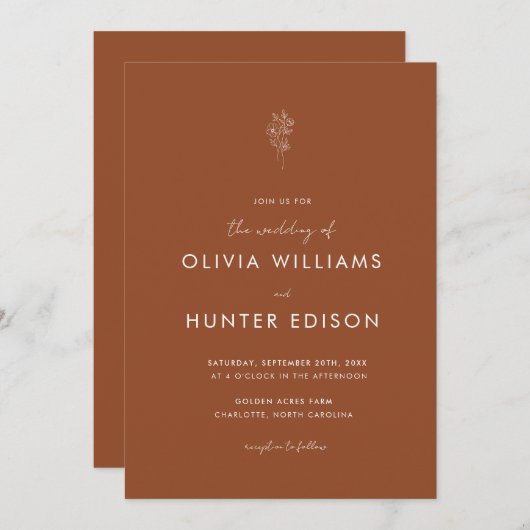 Elegante Boho Floral Terracotta Einladung zur Hoch (Vorne/Hinten)