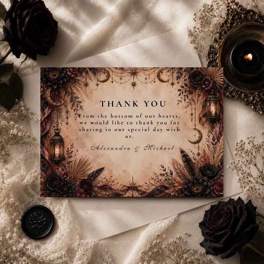 Elegante Boho-Goth-Hochzeit Dankeskarte