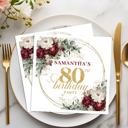 Elegante Boho Marsala Blumen 80. Geburtstag Servie Serviette