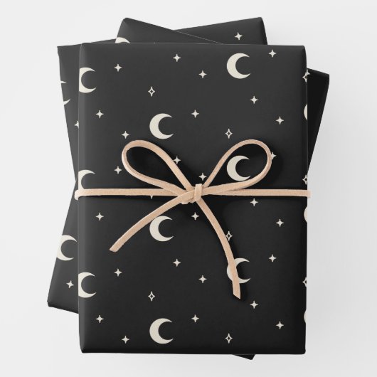Elegante Boho Mystical Moon Stars Schwarz und Weiß Geschenkpapier Set (Beispiel)