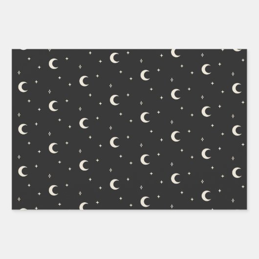 Elegante Boho Mystical Moon Stars Schwarz und Weiß Geschenkpapier Set (Vorderseite)
