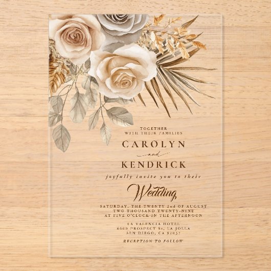 Elegante Boho neutrale florale Akzente Hochzeit Acryleinladungen (Vorderseite)