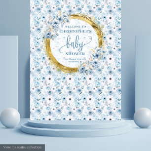 Elegante boho pastellblaue Blumen gold Babyparty Wandteppich