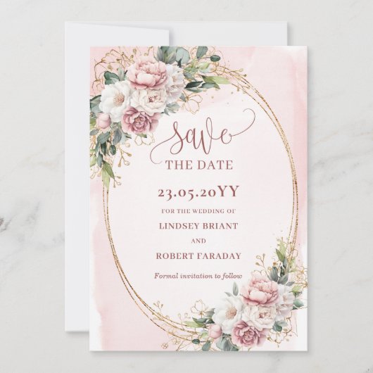 Elegante Boho Roségold Blumen Save The Date (Vorderseite)