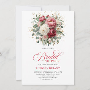 Elegante Boho-Rot-Blush-Gold-Blumen-Brautparty Einladung