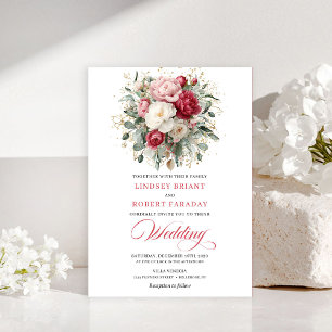 Elegante Boho-Rot-Blush-Gold-Blumen-Hochzeitseinla Einladung