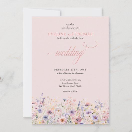 Elegante boho Sommer lila und rosa Wildblumen Einladung (Vorderseite)