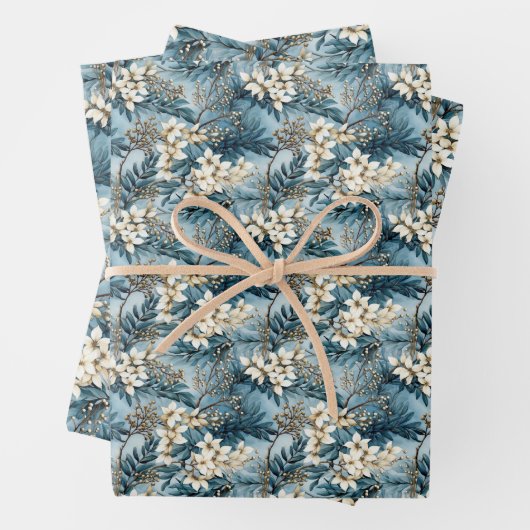 Elegante boho staubige blaue und Elfenbeinwinters- Geschenkpapier Set (Beispiel)