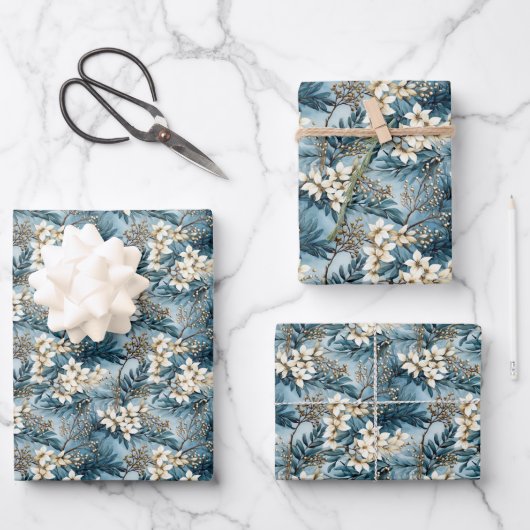 Elegante boho staubige blaue und Elfenbeinwinters- Geschenkpapier Set (Vorderseite)