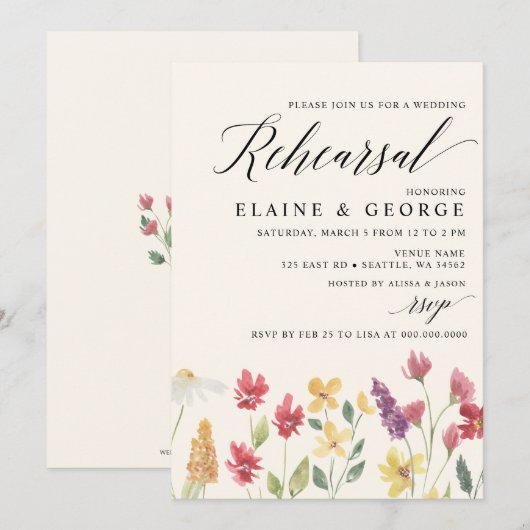 Elegante Boho Summer Wildblumen Probe Dinner Einladung (Vorne/Hinten)