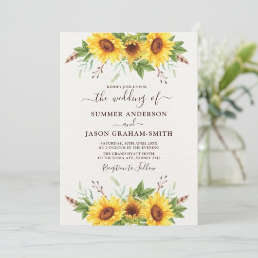 Elegante Boho Sunflowers Summer Watercolor Wedding Einladung (Stehend Vorderseite)