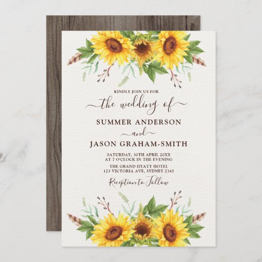 Elegante Boho Sunflowers Summer Watercolor Wedding Einladung (Vorne/Hinten)