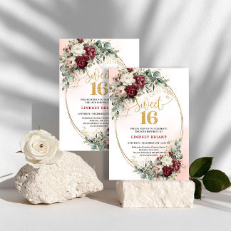 Elegante Boho-Tiefrote Pfingstrosen Sweet Sixteen  Einladung