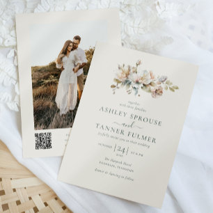 Elegante Boho Vintage Blumen QR-Code Foto-Hochzeit Einladung