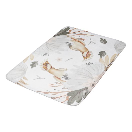 Elegante Boho Wasserfarben Blume & Vögel Badematte (Schrägansicht)