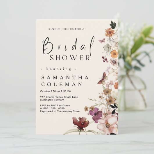 Elegante Boho Wildblume Blush Pastel Brautparty Einladung (Stehend Vorderseite)