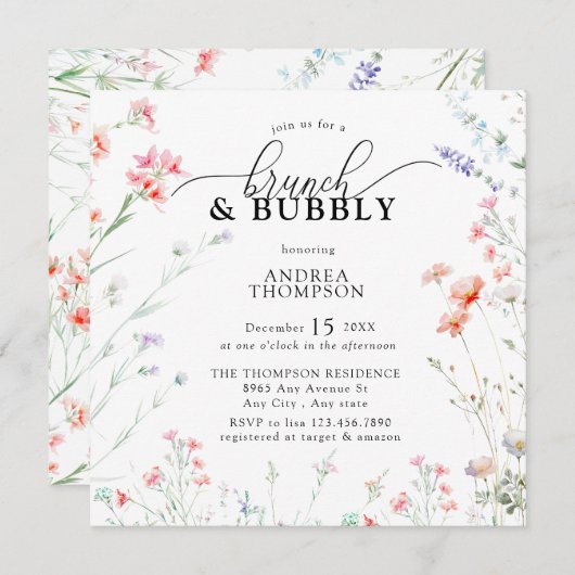 Elegante Boho Wildblume Floral Brunch Bubbly Einladung (Vorne/Hinten)