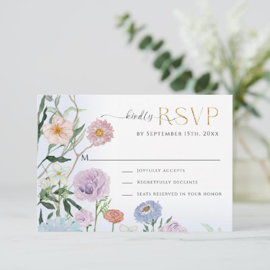 Elegante BOHO Wildblume Floral RSVP Karte (Stehend Vorderseite)