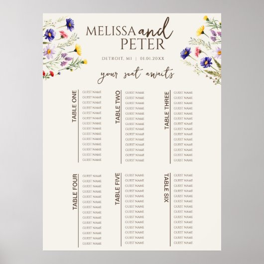 Elegante Boho Wildblume Hochzeitsstichtabelle Poster (Vorne)