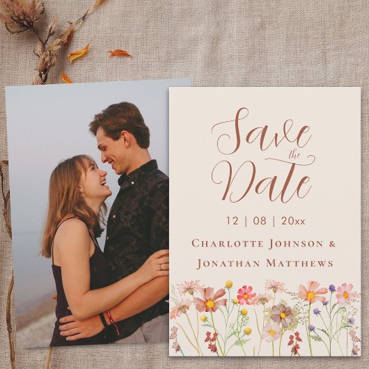 Elegante Boho-Wildblumen-Foto-Hochzeit Save The Date