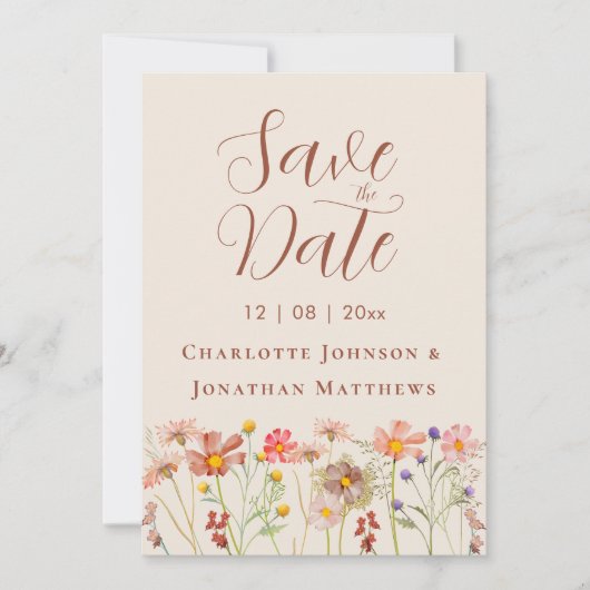 Elegante Boho-Wildblumen-Foto-Hochzeit Save The Date (Vorderseite)