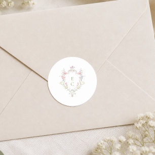 Elegante Boho-Wildblumen-Wappen-Initialen-Hochzeit Runder Aufkleber