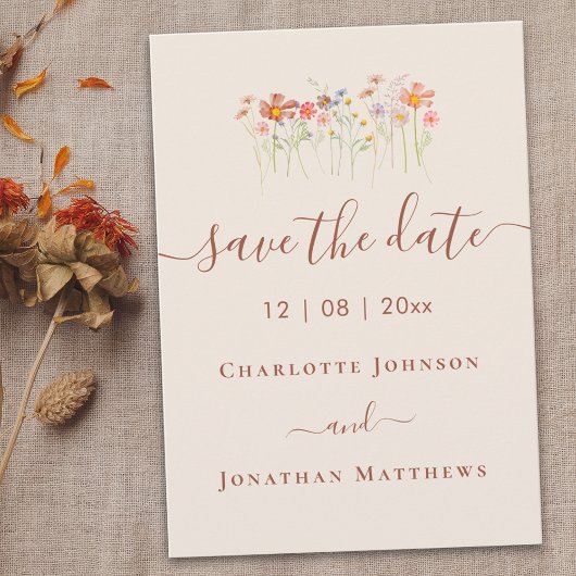 Elegante Boho-Wildblumenwiese-Hochzeit Save The Date