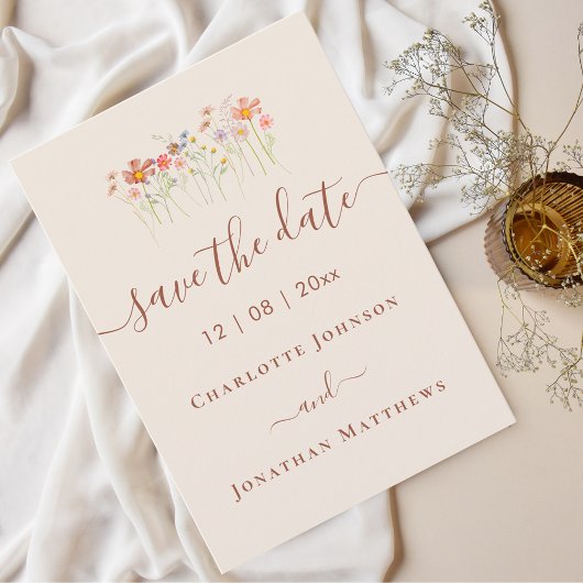 Elegante Boho-Wildblumenwiese-Hochzeit Save The Date