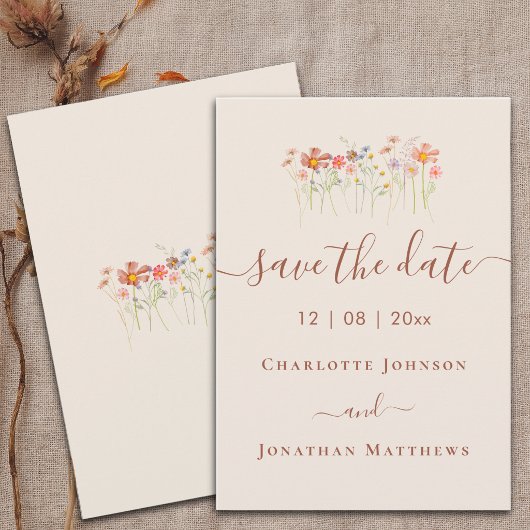 Elegante Boho-Wildblumenwiese-Hochzeit Save The Date