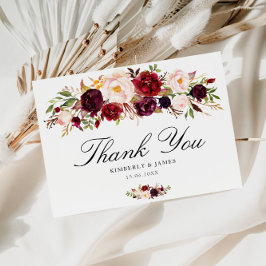Elegante Bordeaux & Blütenhochzeit Vielen Dank Postkarte