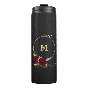 Elegante bordeauxfarbene Blume schwarz Thermosbecher
