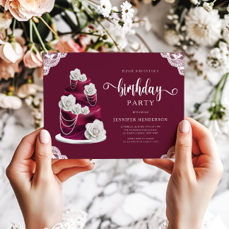 Elegante bordeauxfarbene Blumencake-Geburtstagsfei Einladung